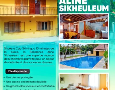 Belle maison à louer à Cap Skirring – Résidence SIKHEULEUM  Située à 10 minutes de la place, cette maison de 5 chambres avec piscine est idéale pour les familles ou groupes d’amis. Elle dispose d’une cuisine équipée, d’un grand salon lumineux et d’un espace familial confortable, dans un cadre calme et agréable.